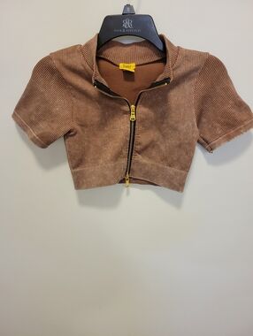Daisy Distressed Brown Corduroy Cropped Zip Top